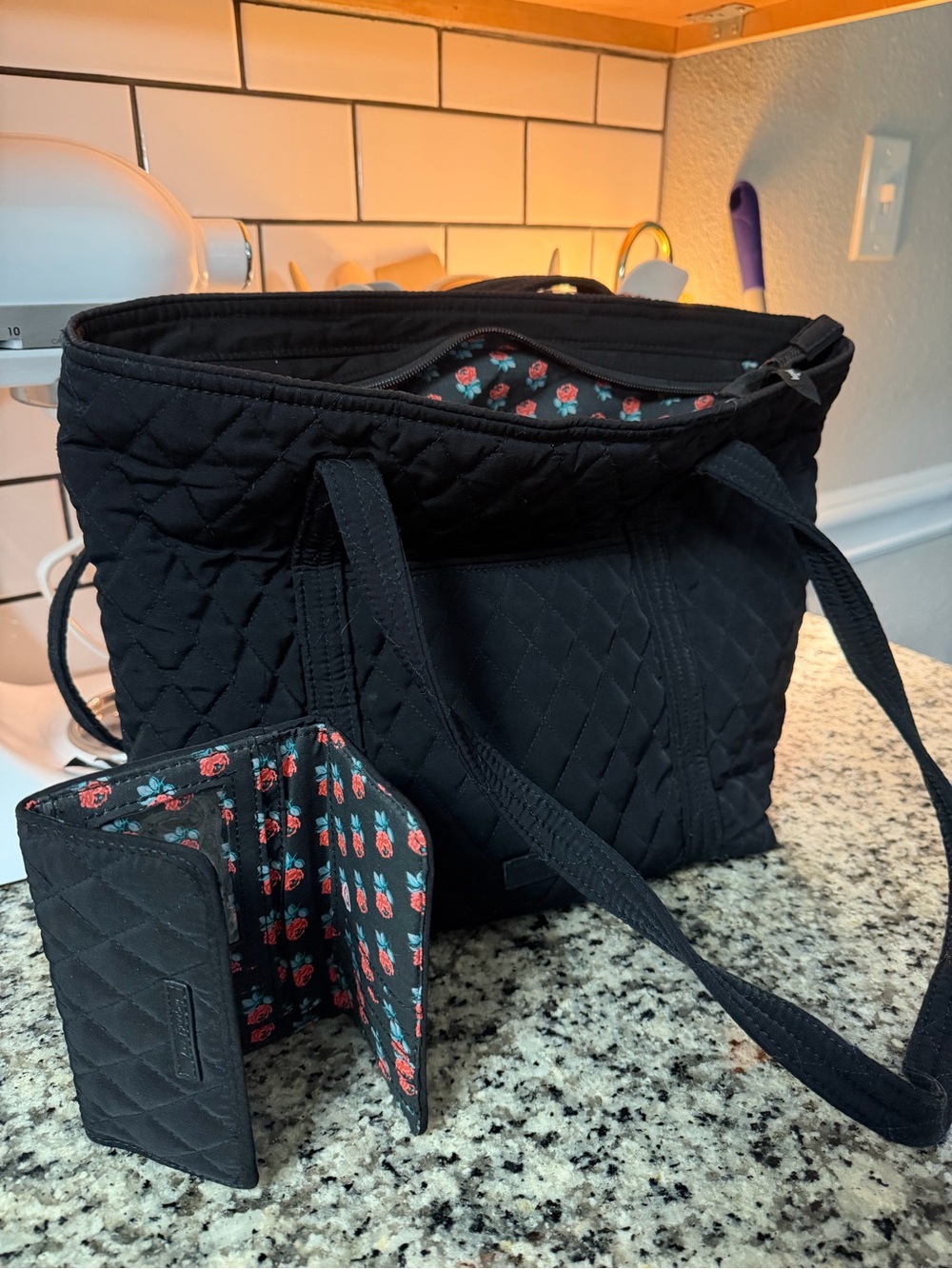 Quilted Vera Bradley Black Tote Bag with Floral Lined Wallet